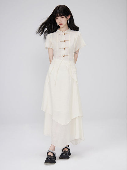 Irregular Hem Sheer Shirt ＆ Layered Design Skirt