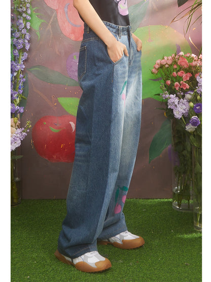 Pantalon de denim de couture à contraste à imprimé cerisier