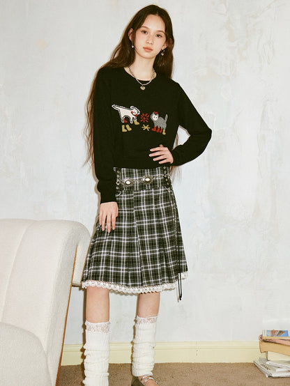 Lace Spliced Plaid A-Line Pleated Skirt