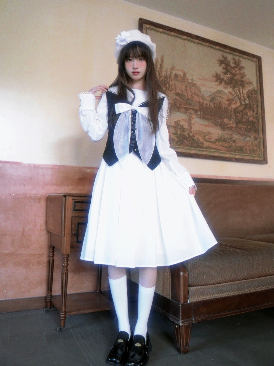 Sailor Neck Bow Pleated Dress