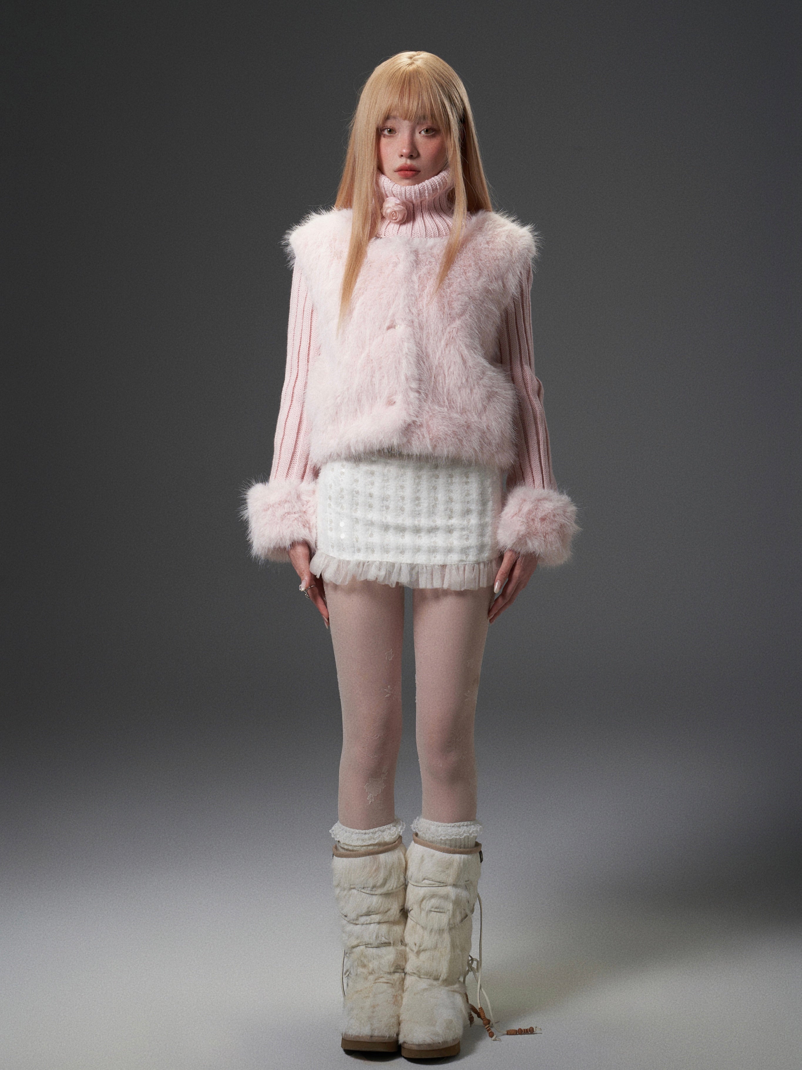 Knitted Neck &amp; Sleeve Splicing Detachable Fur Jacket