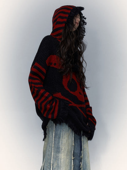 Skull Rabbit Loose Knitted Hooded Pullover