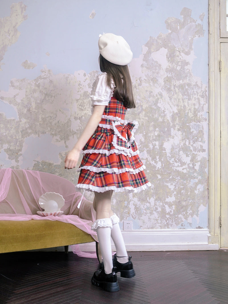 Plaid Cat Print Lace Suspender Dress