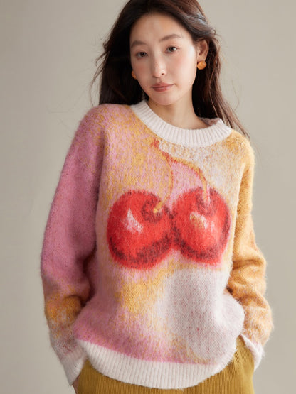 Cherry Gradient Jacquard Loose Pullover Sweater