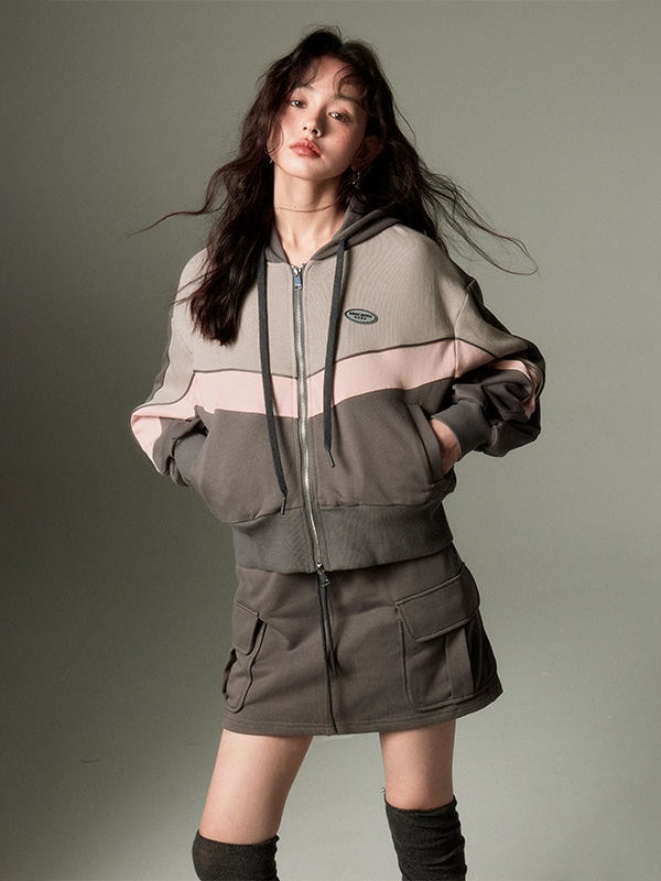 Sports Style ZIP-up Hoodie ＆ A-Line Skirt