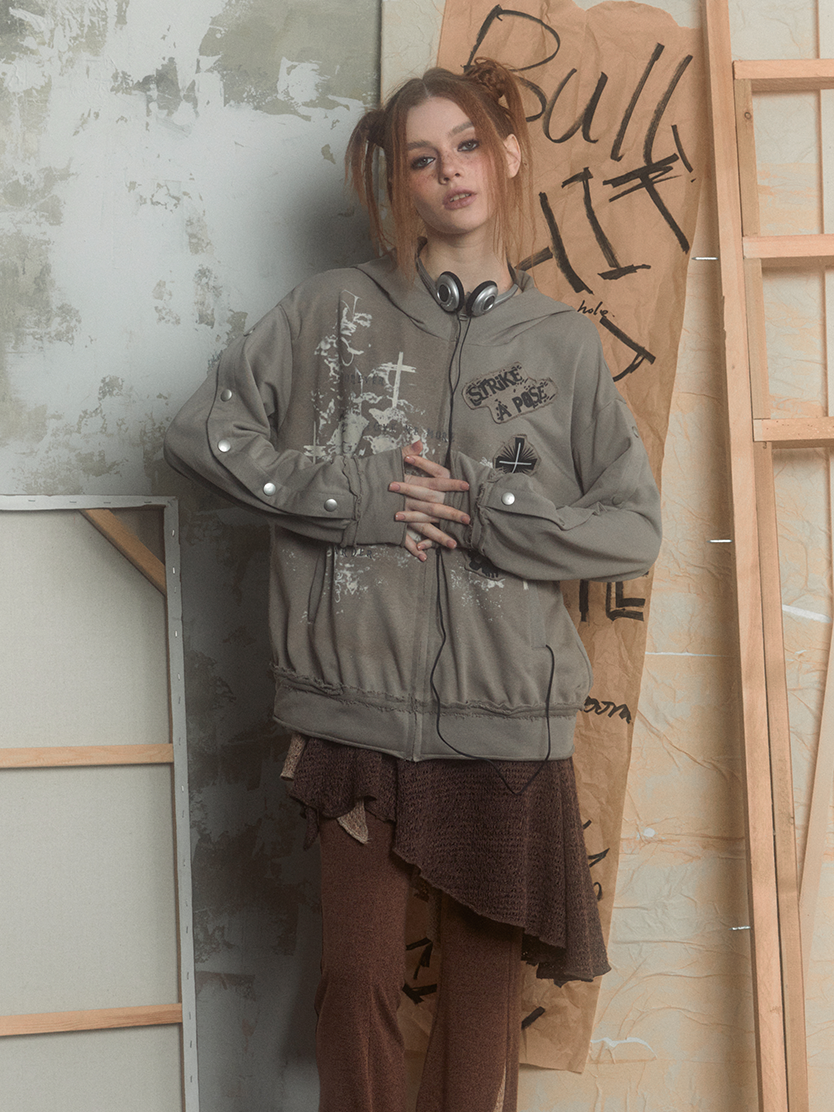 Print Collage Design Grey Loose Hotted Parka