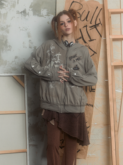 Print Collage Design Gray Loose Hooded Parka