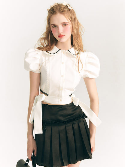 Side Ribbon Doll Collar Puff Sleeve Shirt