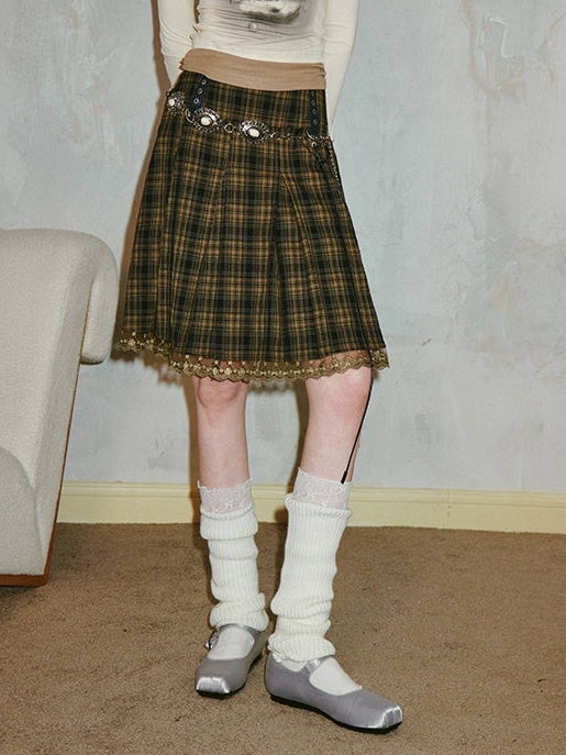 Lace Spliced Plaid A-Line Pleated Skirt