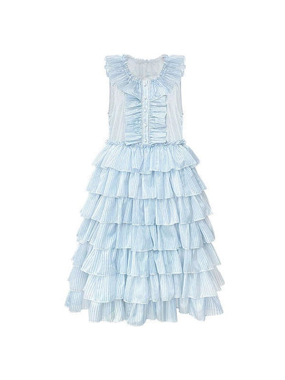 Striped Lace Collar Long Puffy Sundress