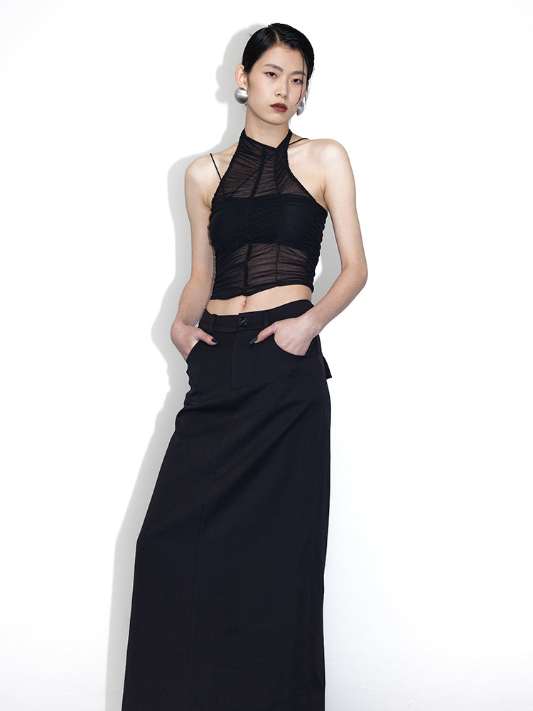 Detachable Asymmetric Sling Tube Top &amp; Gauze Pleated Tank Top Set