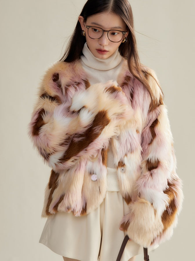 Contrast Color Eco-friendly Fur Short Furry Coat