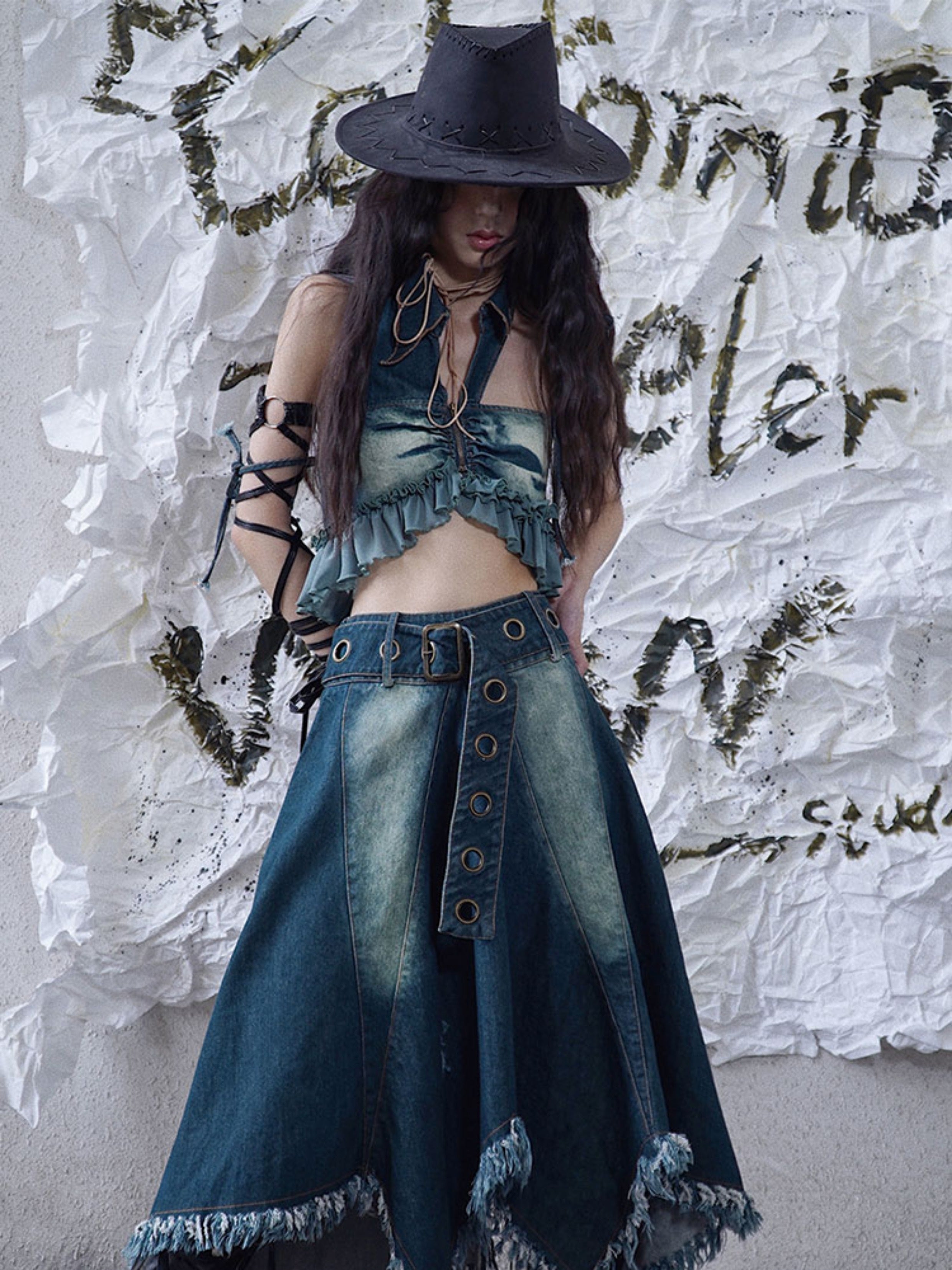 Halter neck Frill Design Denim Vest ARCANA ARCHIVE