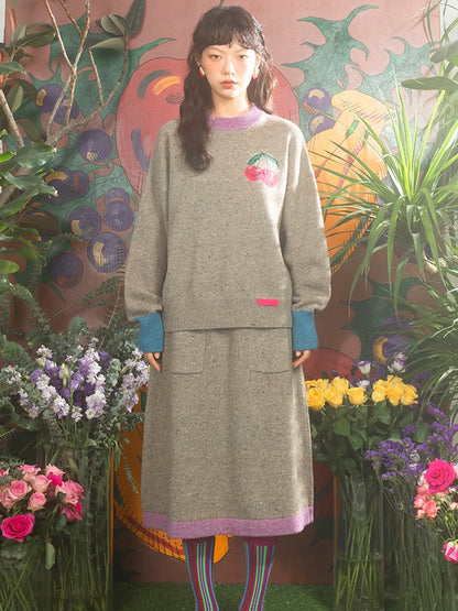 Cherry Embroidered Contrasting Knitted  Sweater ＆ A-Line Skirt