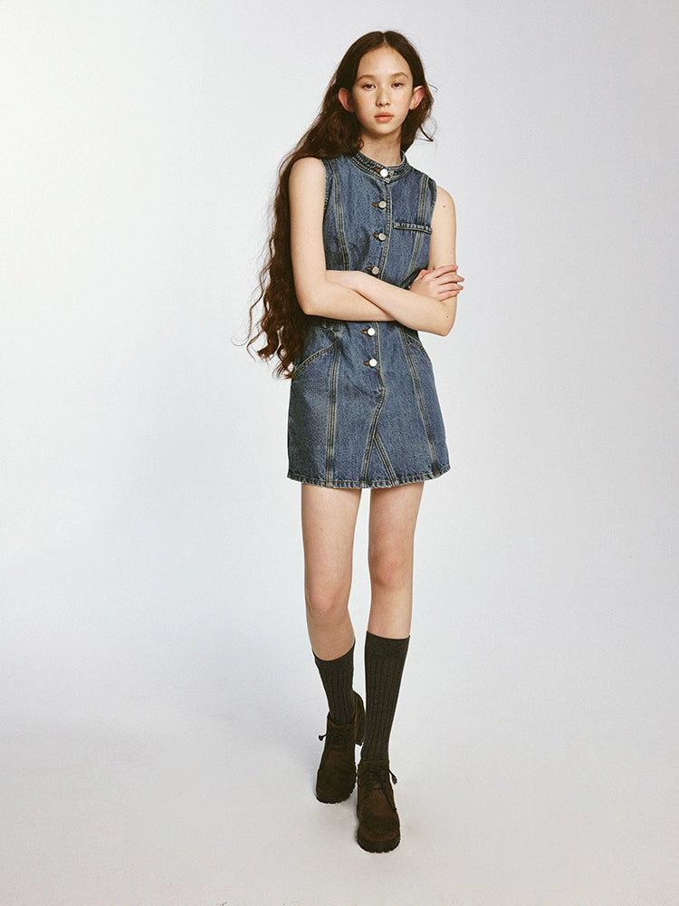 Rretro Stand-up Collar Denim Sleeveless Dress