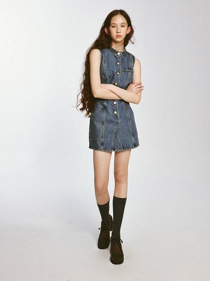 Rretro Stand-up Collar Denim Sleeveless Dress