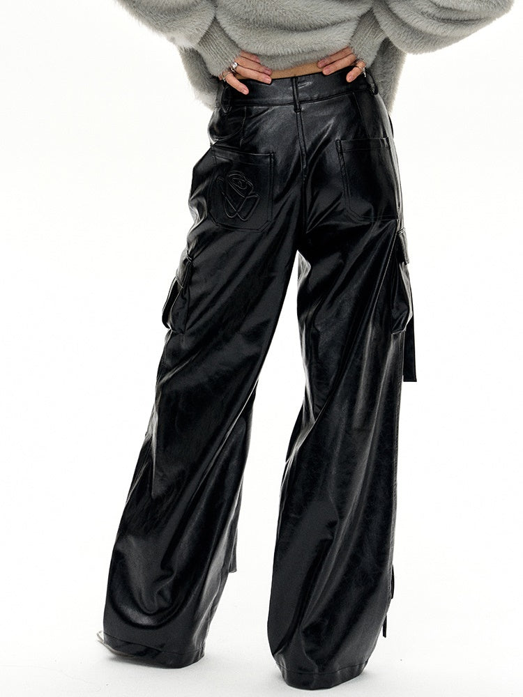 PU Leather Wide-leg Cargo Pants