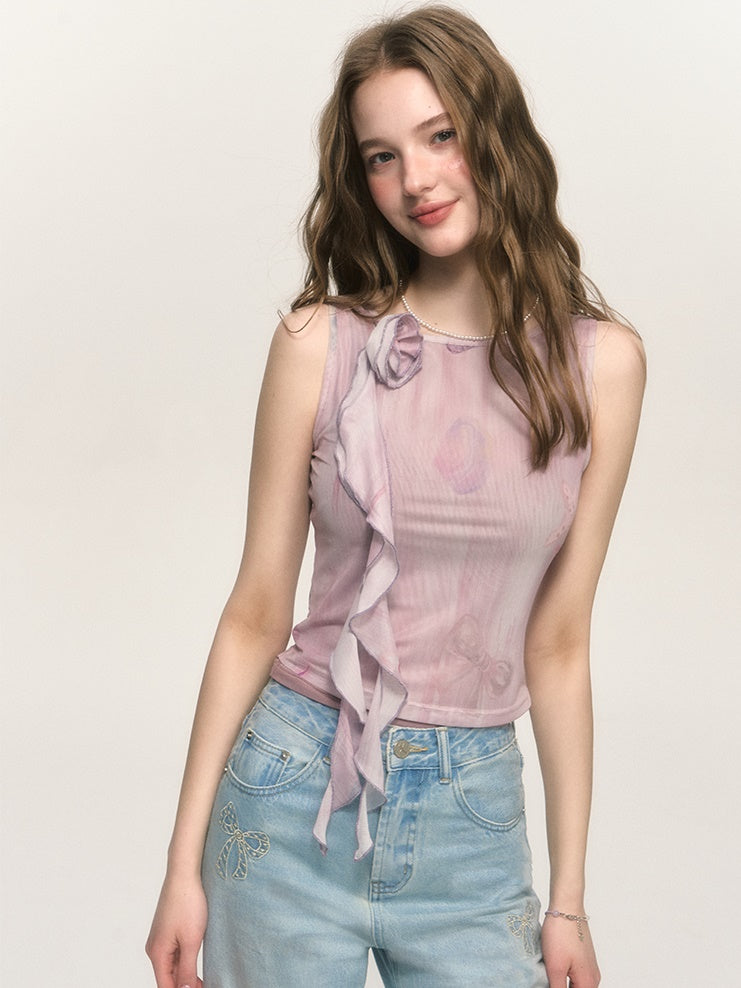 Rose Tassel Printed Mesh Short Sleeveless Top