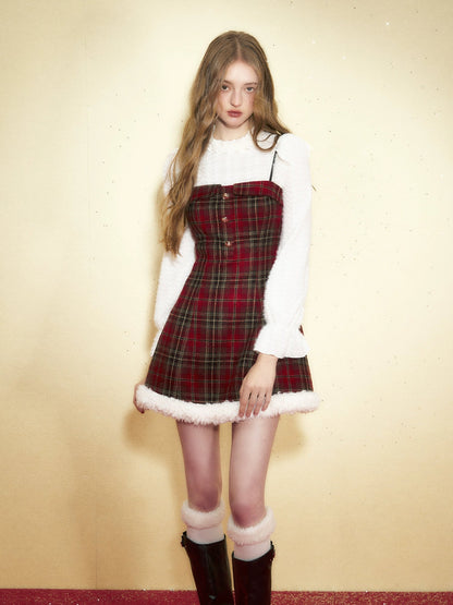 Plaid Woolen Splicing Furry Slip Dress