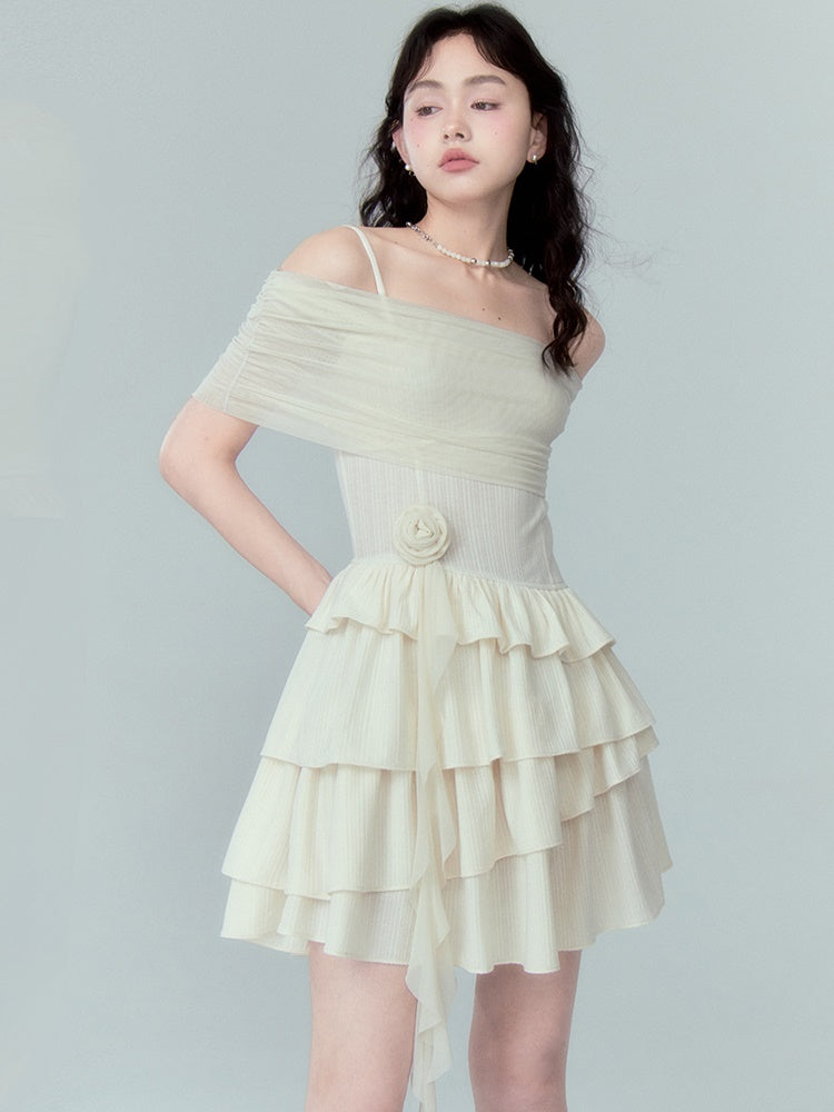 Strap Off-shoulder Ruffle Stitching Dress