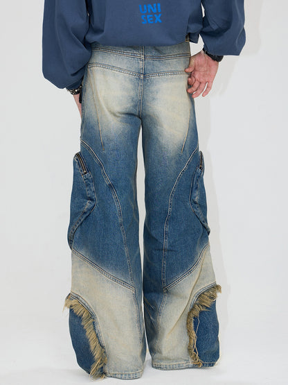 Special-shaped Structure Pocket Bleached Dyed Loose Jeans