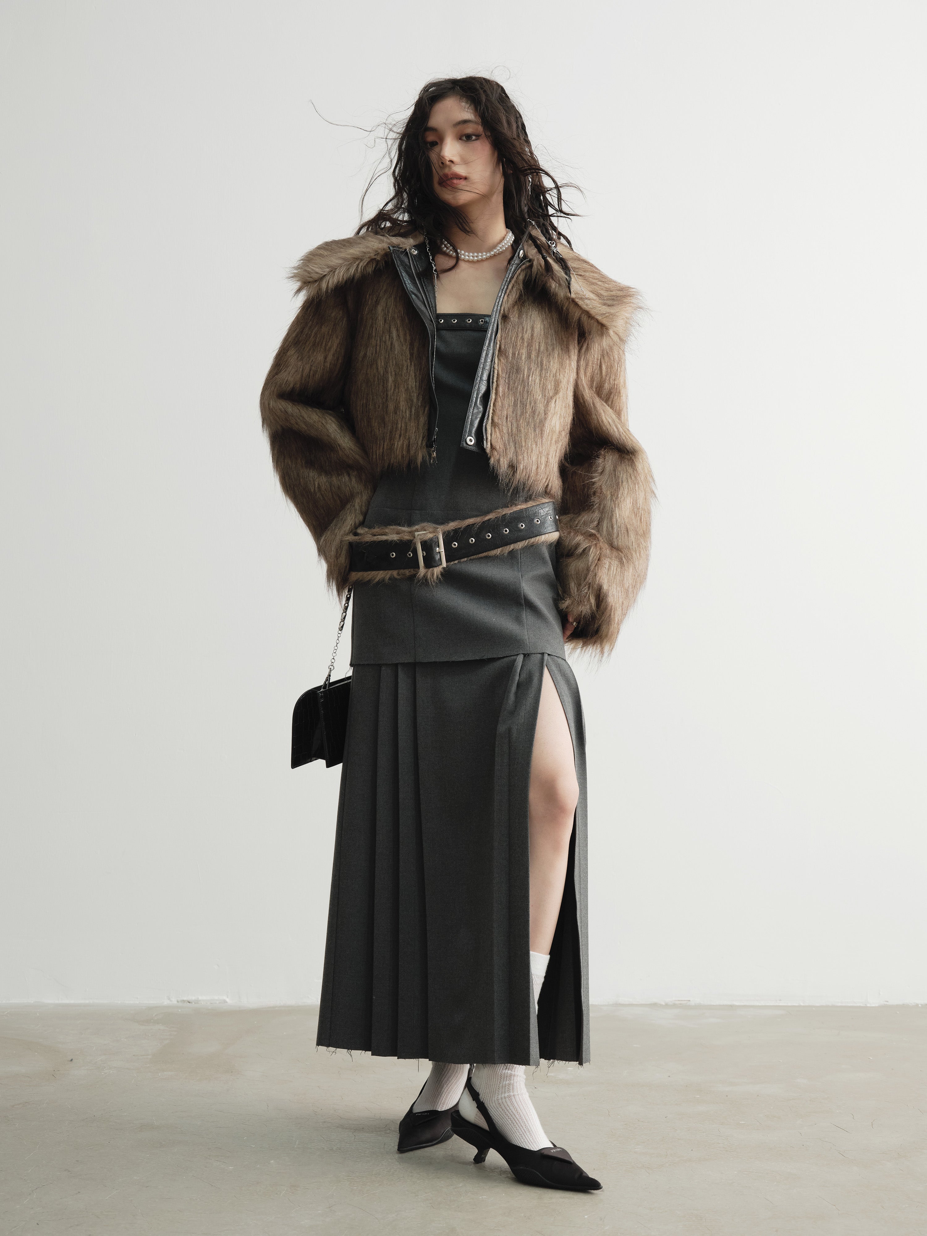 Fur Splicing Belt Low Waist Halter Neck Pleated Slit Dress