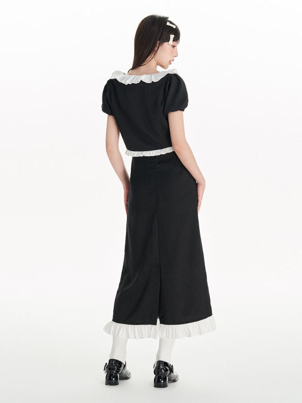 Small Fragrant Wind Puff Sleeve Ruffle Top &amp; Ruffle Skirt