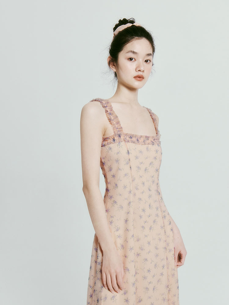 Mesh Double Layer Floral Strap Dress