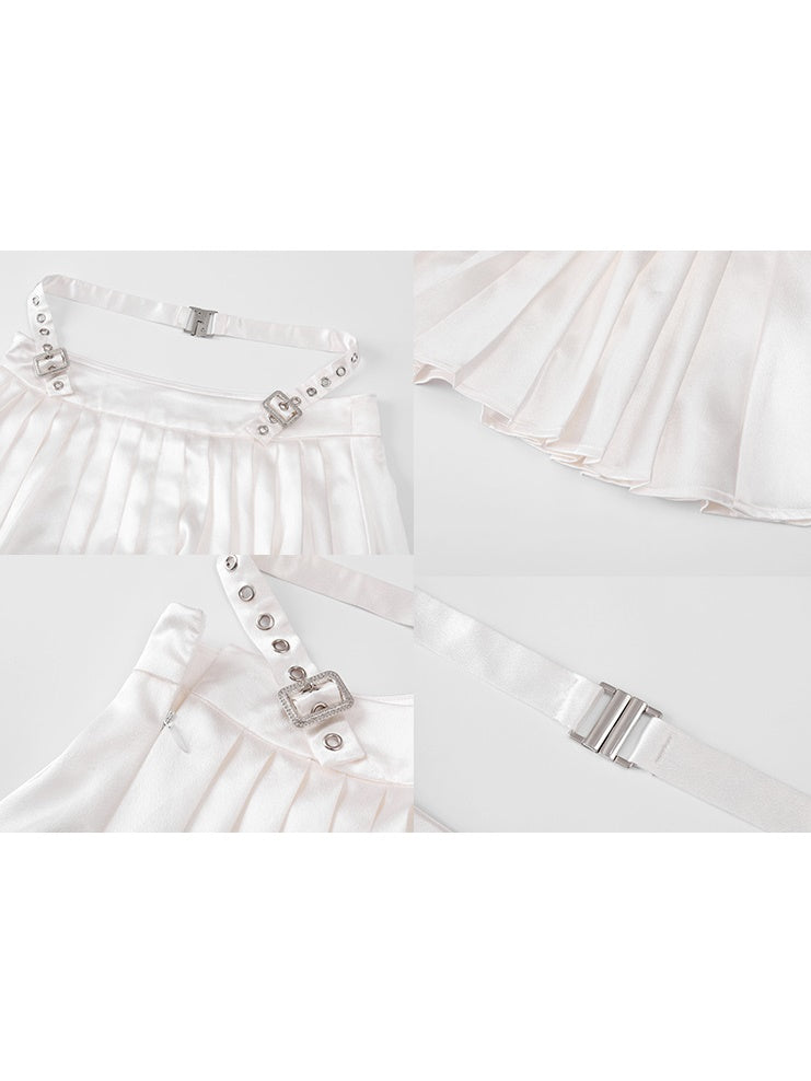 Shiny Suspender Top &amp; Low Waist Pleated Skirt