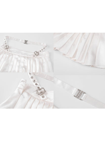 SHINY SUSPENDER TOP &amp; LOW WAIST PLEATED SKIRT