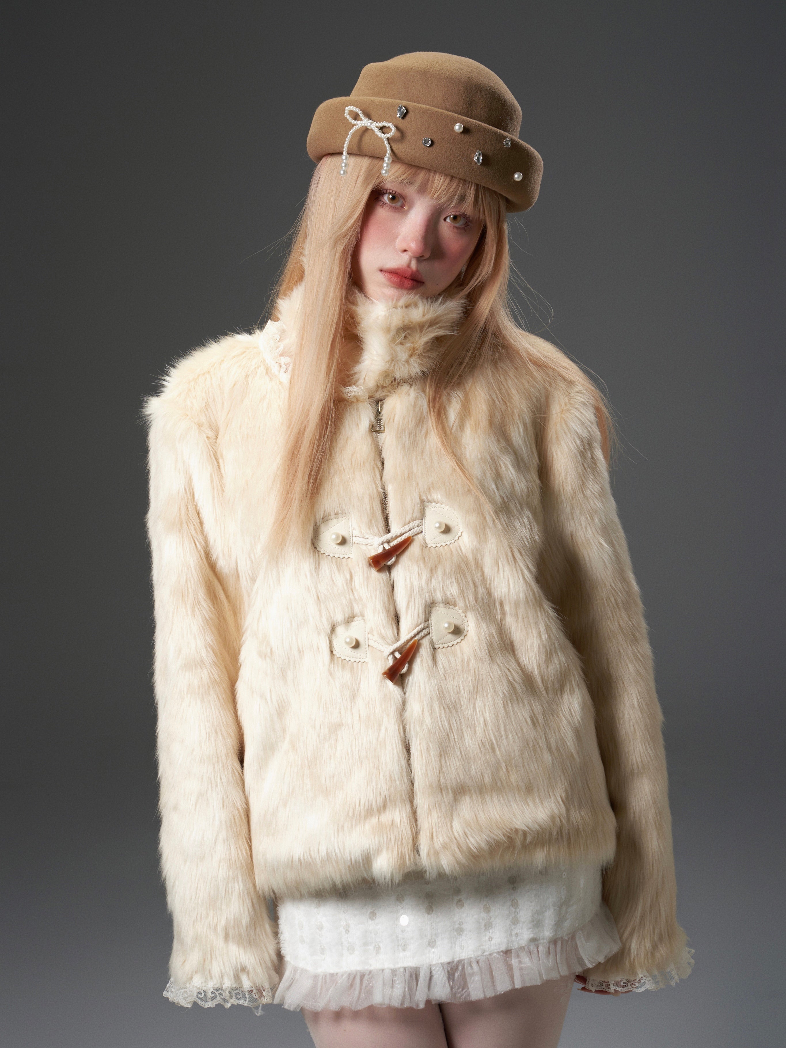 Gradient Lace Spliced Horn Button Detachable Fur Jacket