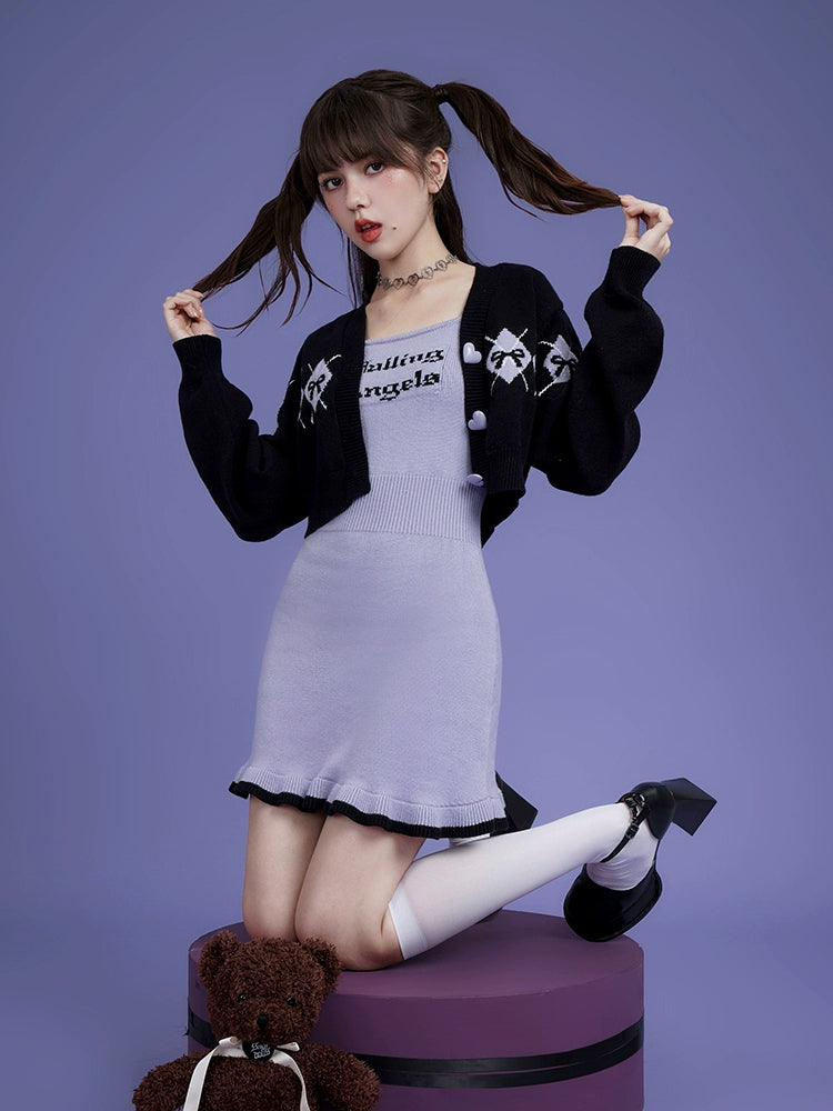 Knitted Sleeveless Logo One-piece ＆ Short Cardigan