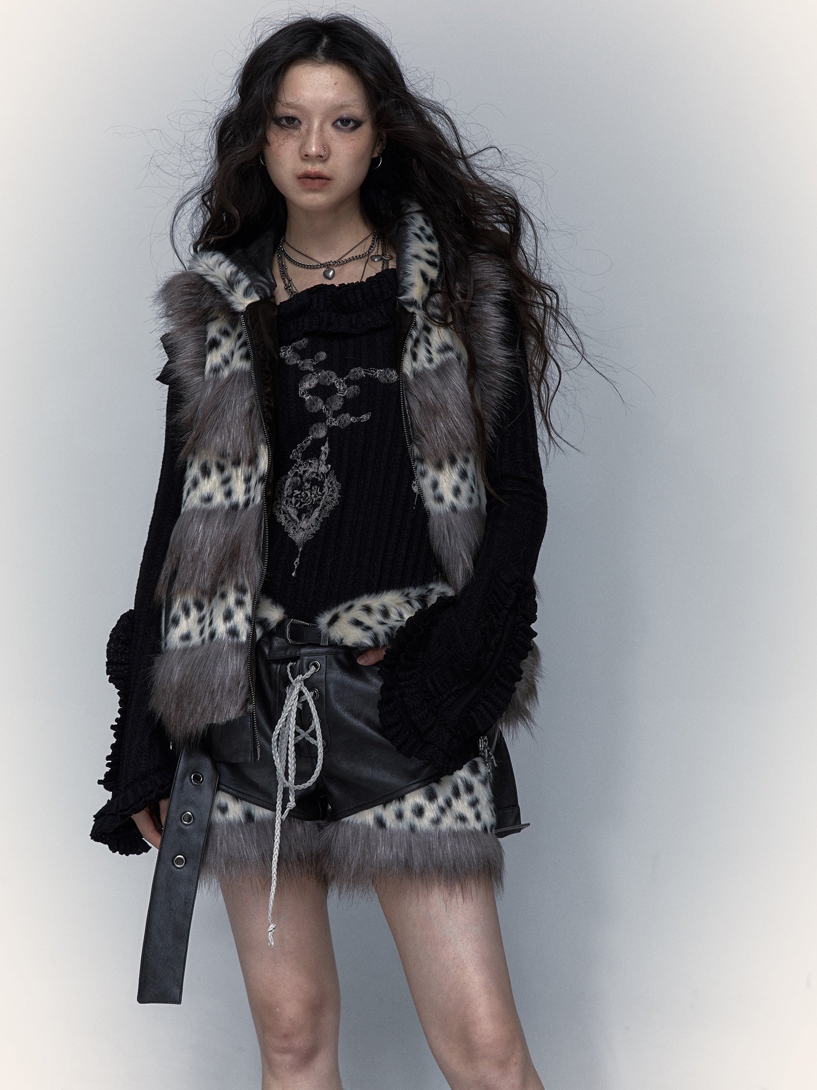 Removable Sleeve Hooded Leopard Print Eco-friendly Fur Jacket