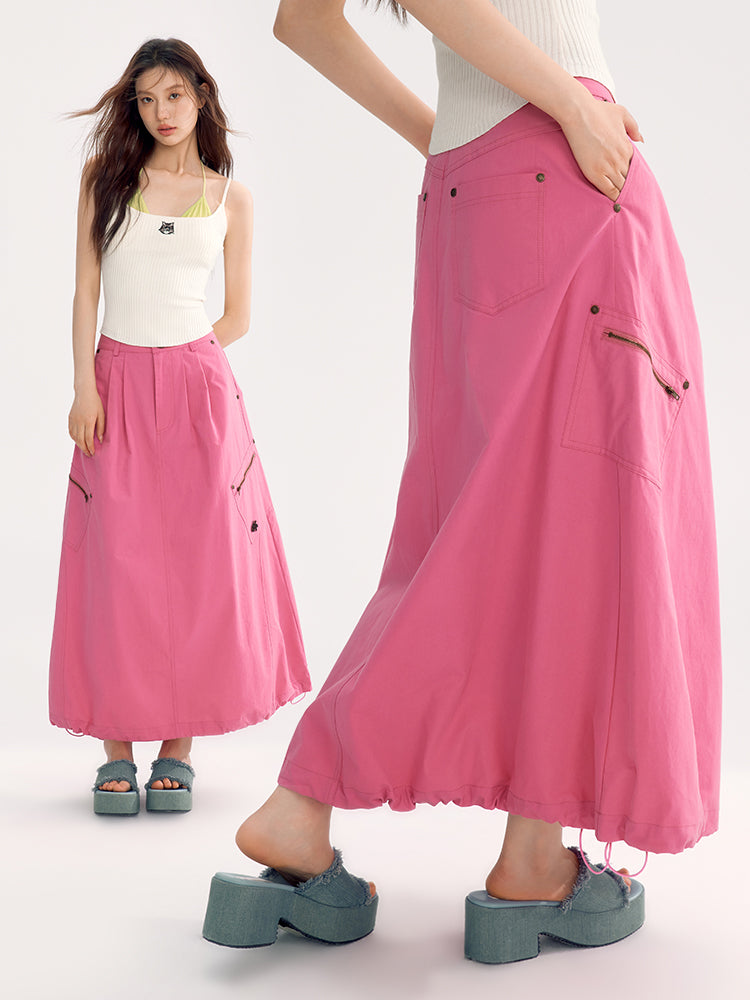 Drawstring Casual Flare Plain Long-Skirt