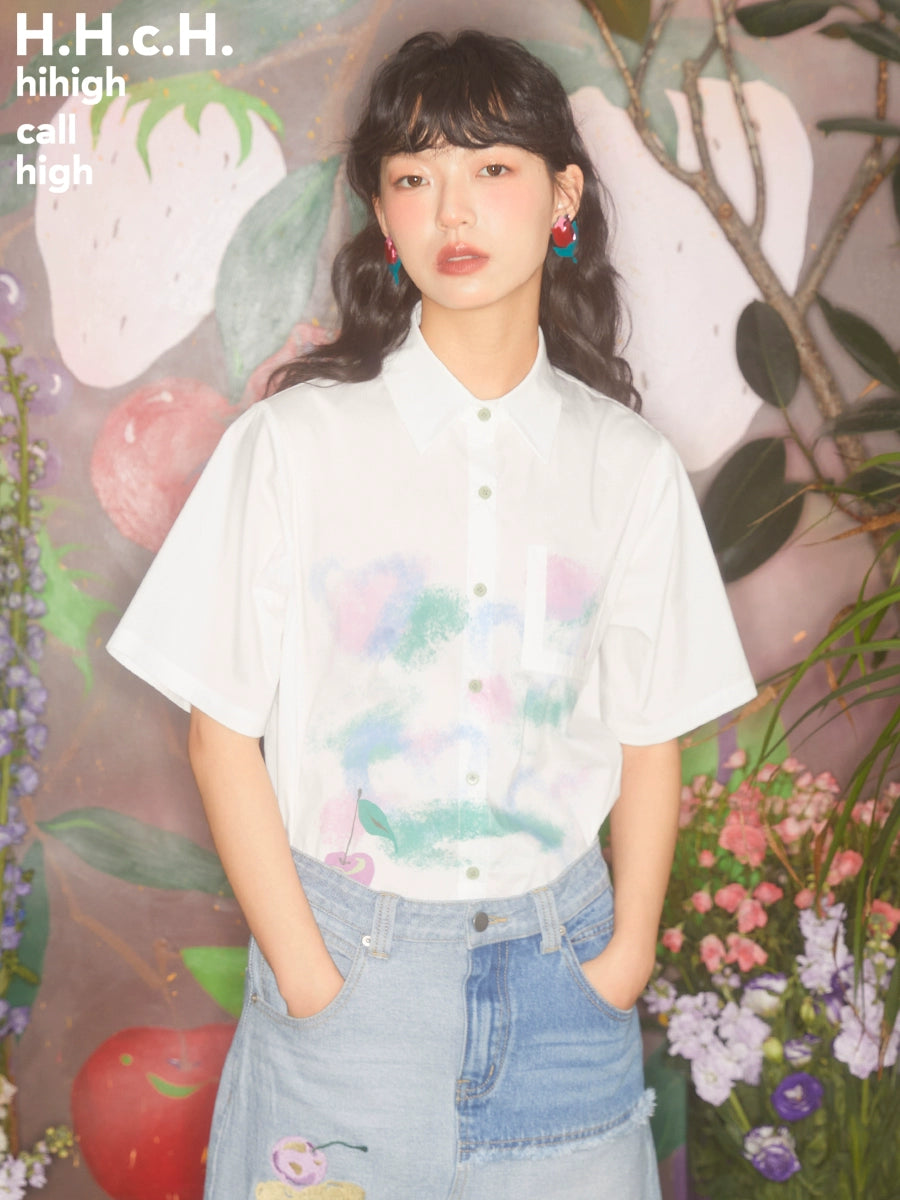 Gradient Cherry Decorated Pocket Loose Shirt