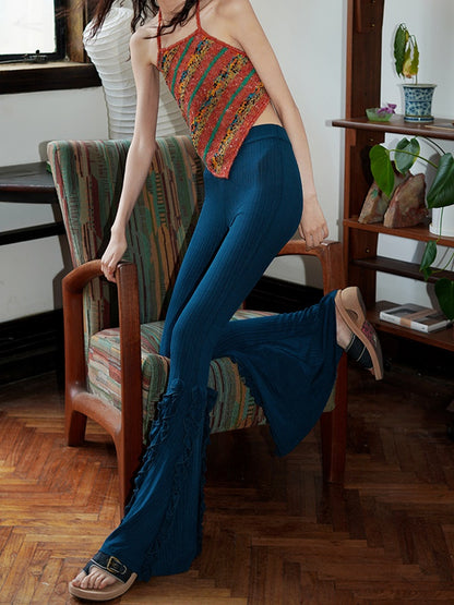 Frill Stretch Knit Long Flared Pants