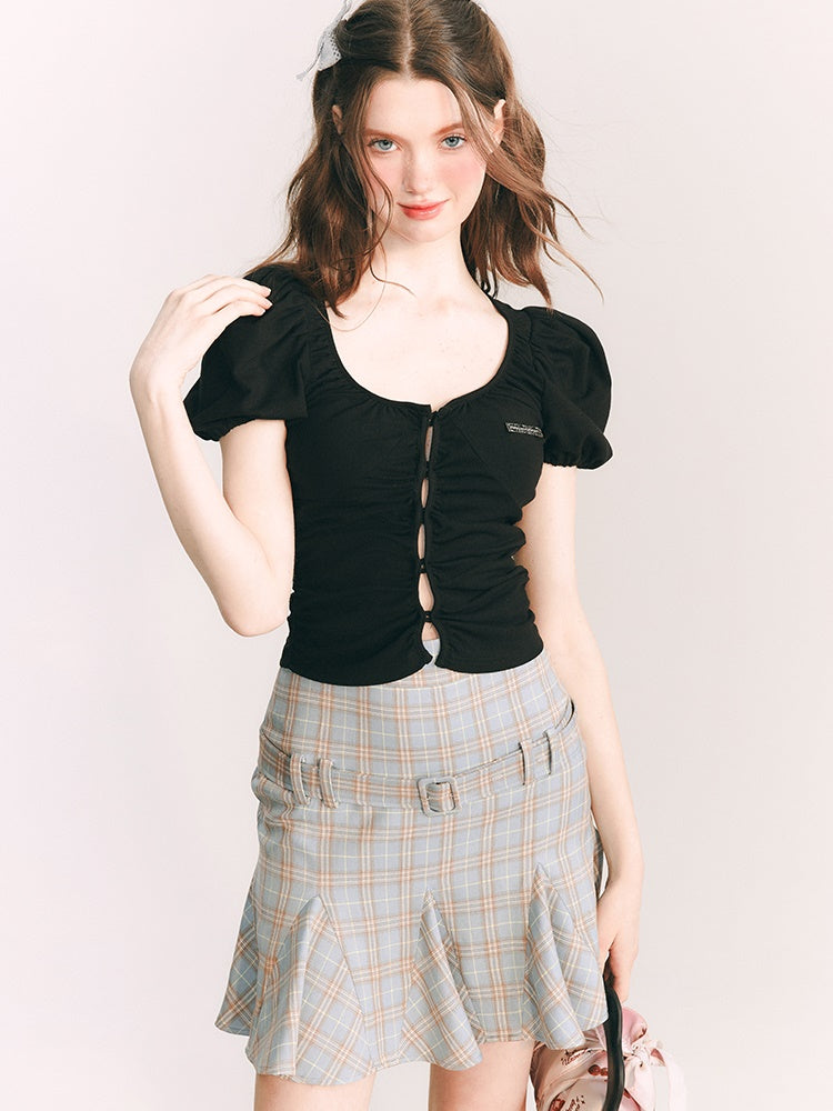 Grid Belt Ruffled High Waist Skirt