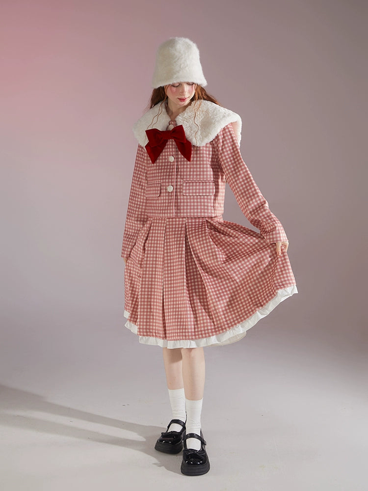 Retro Gingham Plaid Big Collar Jacket ＆ Pleated Skirt