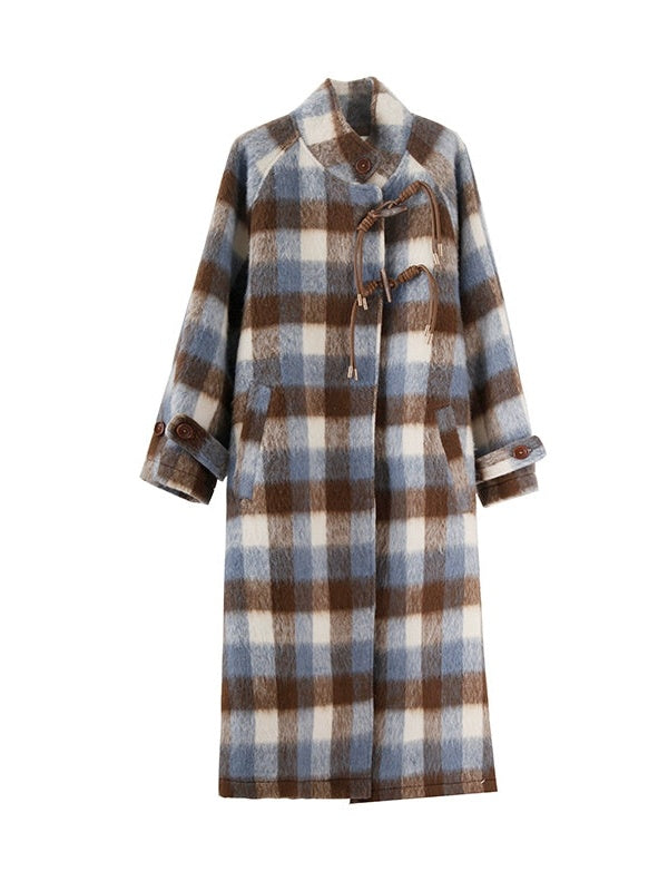 Retro Plaid Stand Collar Toggle Coat