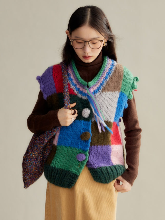 Patchwork Color Knitted Vest Cardigan