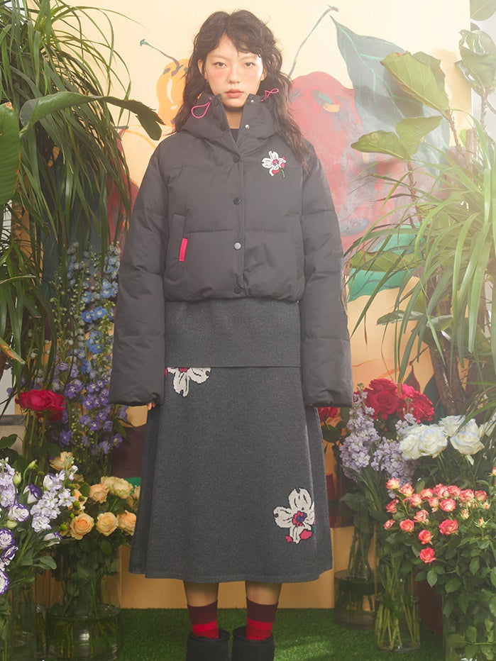 Cherry Blossom Embroidered Stand Collar Hooded Short Coat