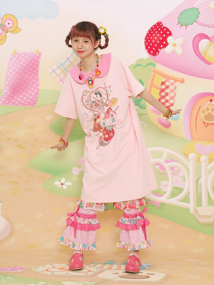 Doll Collar Printed Short-sleeved T-shirt One-piece