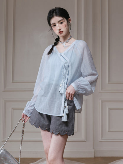 Frill Hem Cut Imitation Denim Short Pants