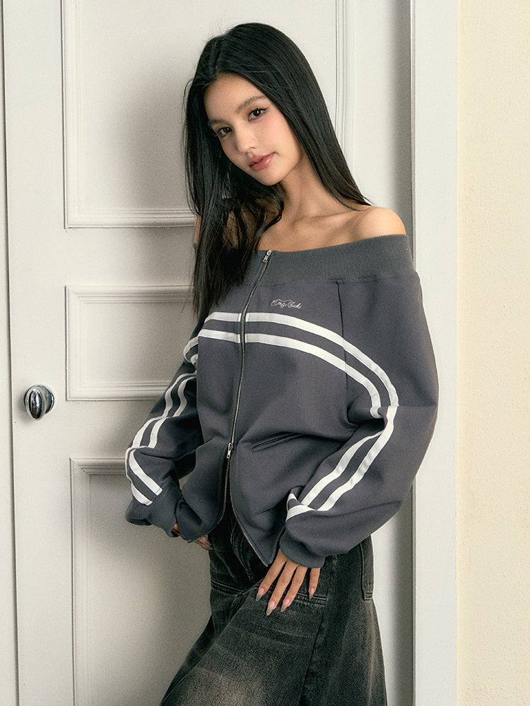 Off-Shoulder ZIP-Up Sports Casual Jacket