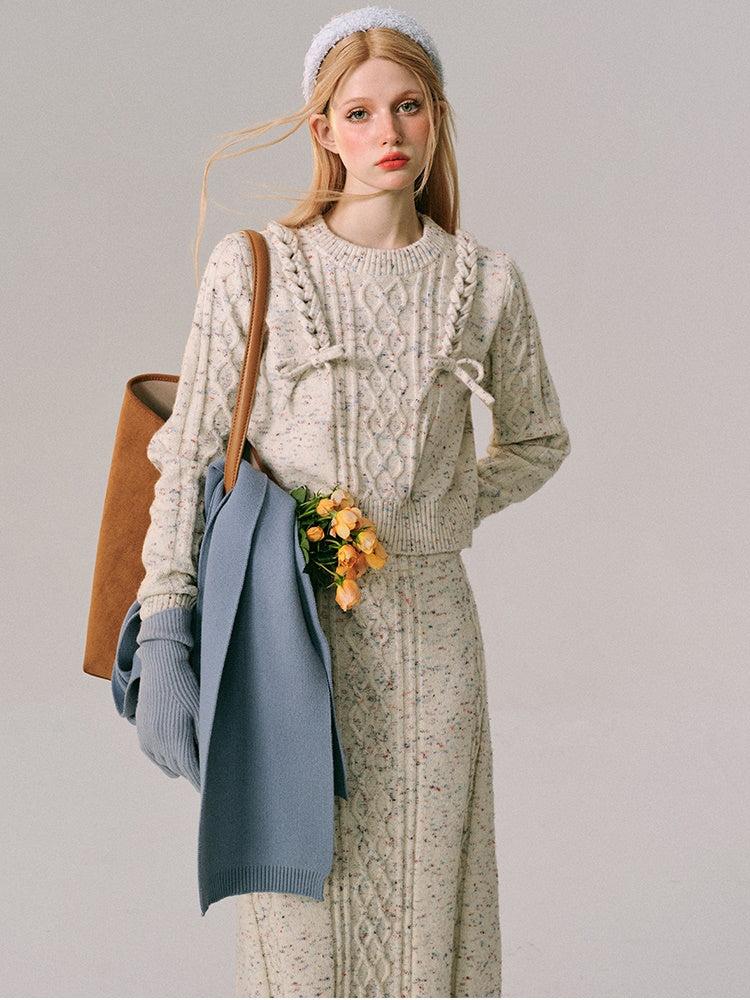 Braid Color Dot Knitted Sweater &amp; Long Skirt