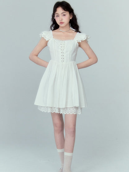 Stitching Lace Jacquard Flying Sleeve Dress