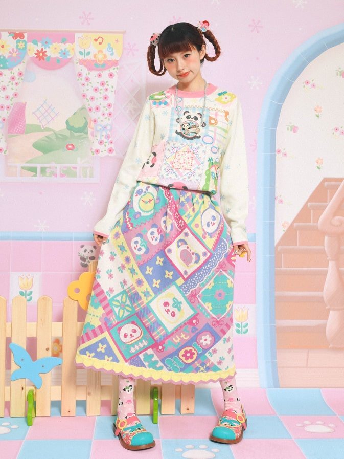 Panda Knitted Jacquard Patchwork Style Skirt