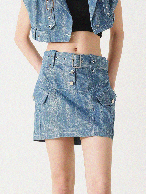 Denim Cropped Wide Vest &amp; MIni Skirt