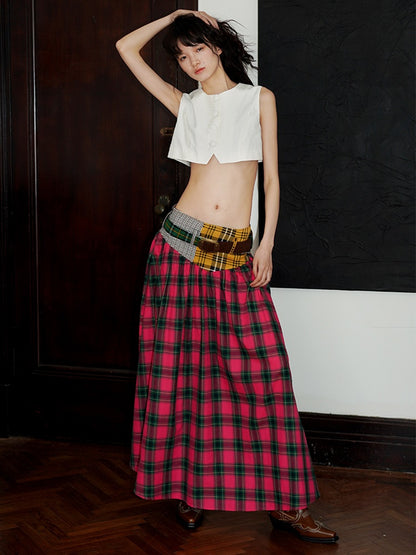 Retro Plaid Stitching Long Skirt With Belt