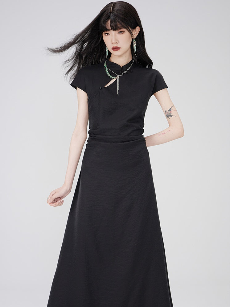 Chinese-Style Shirred Long Dress